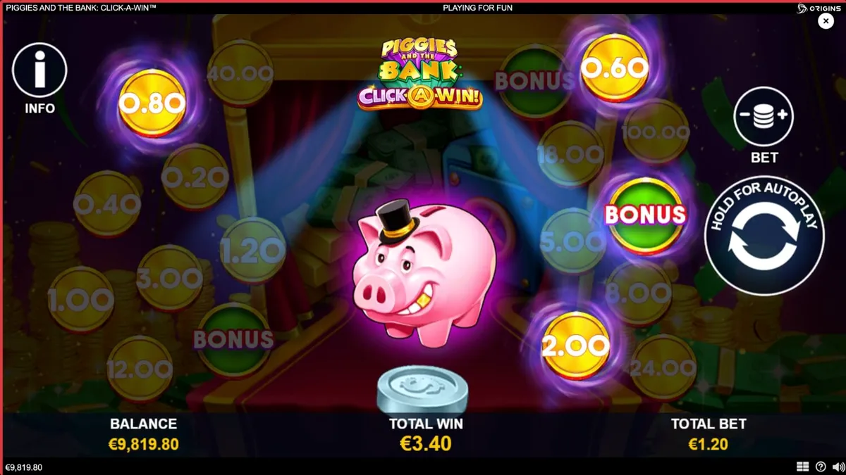 Piggies and the Bank: Click-A-Win slot game interface featuring a wealthy piggy bank and golden coins.